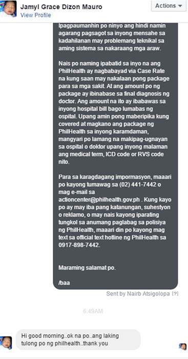 Facebook message from Jamyl Grace Mauro